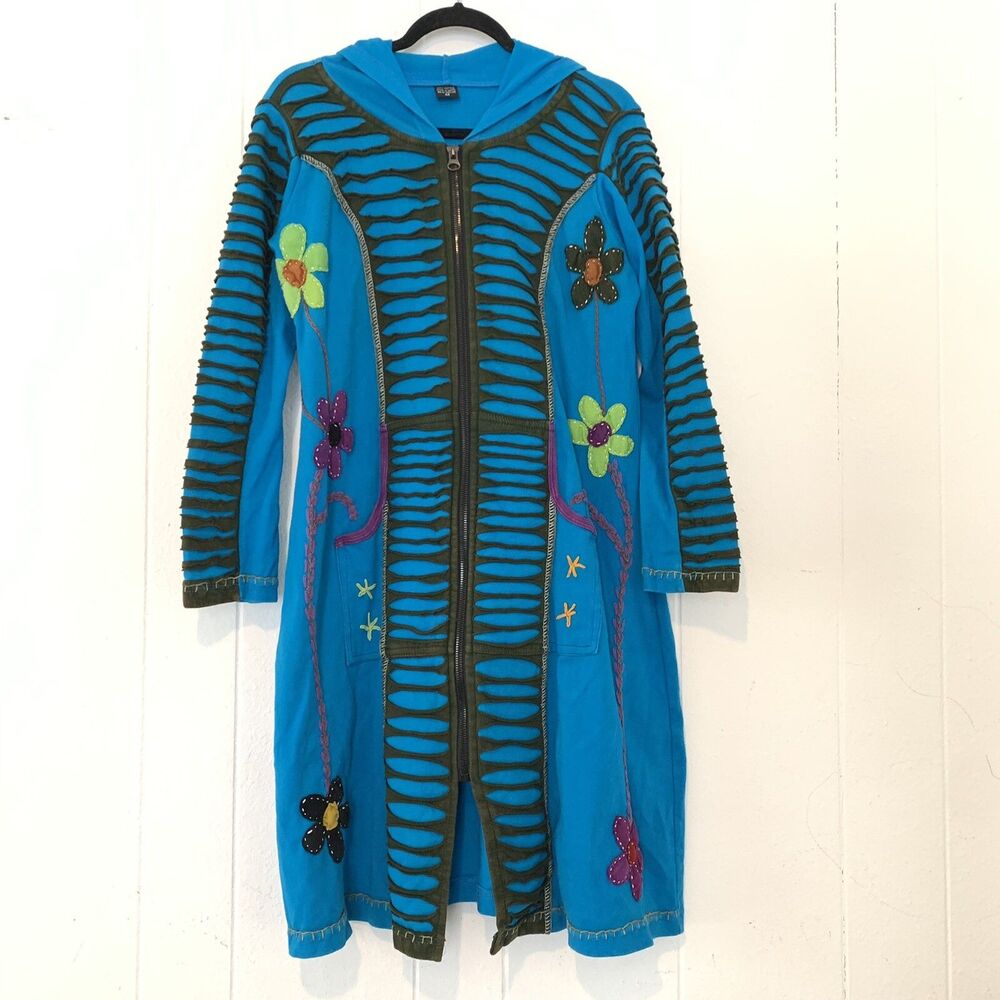 Womens Medium Hoodie Long Line Duster Full Zip Hippie Floral Teal Blue Razor Cut